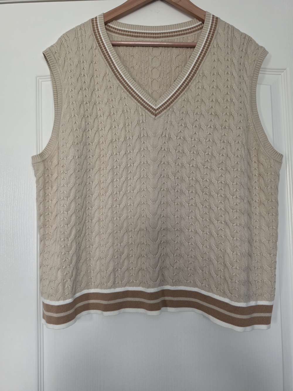 Adrianna Papell Beige Cable Knit V-Neck Sweater Vest with Brown & White Trim